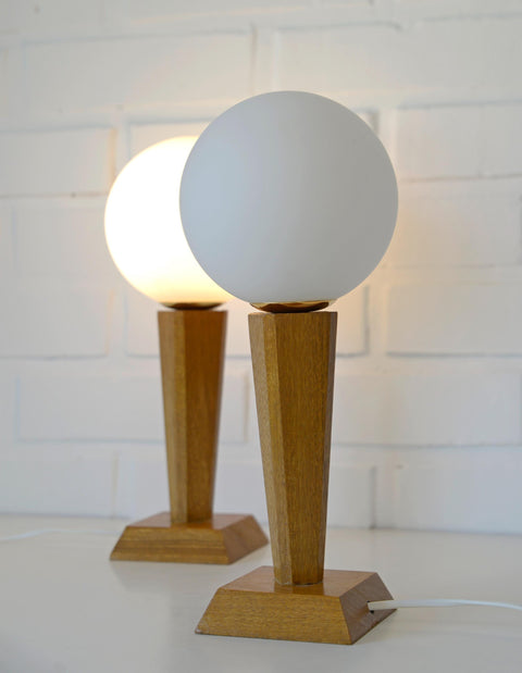 Vintage Wood Bedside Lamps, Handmade Glass Globe Desk Lamps, Yugoslavia 1960s (Pair)