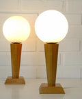 Vintage Wood Bedside Lamps, Handmade Glass Globe Desk Lamps, Yugoslavia 1960s (Pair)