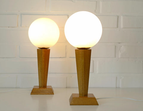Vintage Wood Bedside Lamps, Handmade Glass Globe Desk Lamps, Yugoslavia 1960s (Pair)