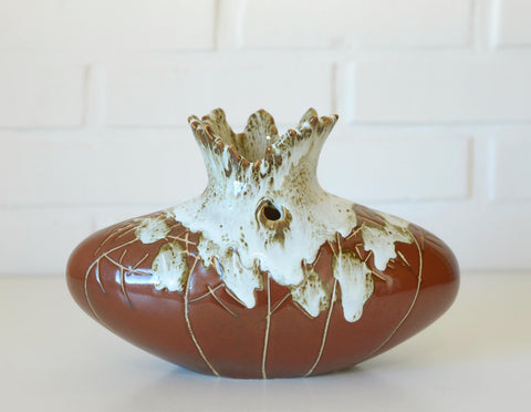 Vintage Fat Lava Ceramic Bud Vase: Brown Glaze Pottery