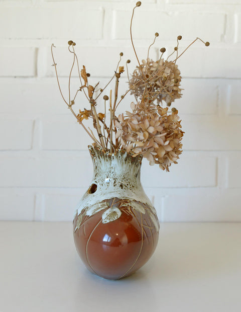 Vintage Fat Lava Ceramic Bud Vase: Brown Glaze Pottery