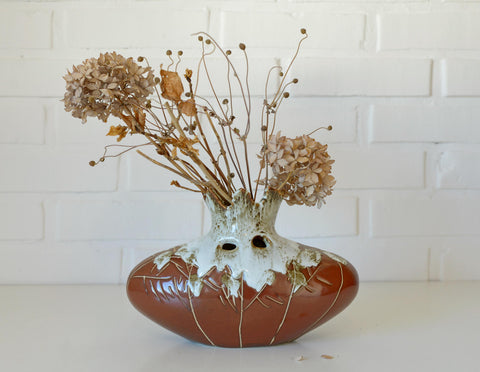 Vintage Fat Lava Ceramic Bud Vase: Brown Glaze Pottery
