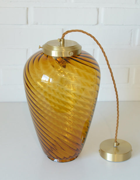 Vintage Amber Glass Pendant Lamp: Hand Blown Swirl Ceiling Light