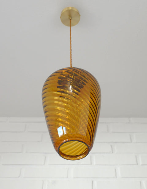 Vintage Amber Glass Pendant Lamp: Hand Blown Swirl Ceiling Light