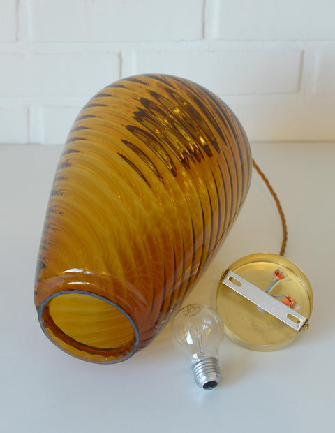 Vintage Amber Glass Pendant Lamp: Hand Blown Swirl Ceiling Light