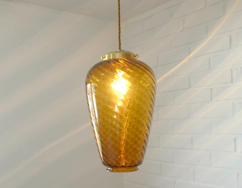 Vintage Amber Glass Pendant Lamp: Hand Blown Swirl Ceiling Light