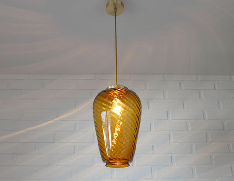 Vintage Amber Glass Pendant Lamp: Hand Blown Swirl Ceiling Light