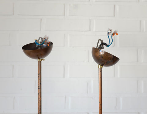 Vintage Copper Pendant Lights (Set of 2): Mid-Century Rustic Wooden Hanging Lamps