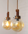 Vintage Copper Pendant Lights (Set of 2): Mid-Century Rustic Wooden Hanging Lamps