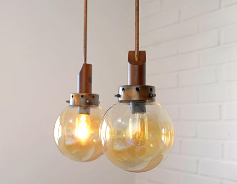 Vintage Copper Pendant Lights (Set of 2): Mid-Century Rustic Wooden Hanging Lamps
