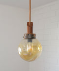 Vintage Copper Pendant Lights (Set of 2): Mid-Century Rustic Wooden Hanging Lamps