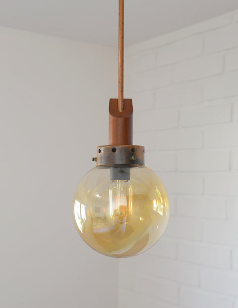 Vintage Copper Pendant Lights (Set of 2): Mid-Century Rustic Wooden Hanging Lamps