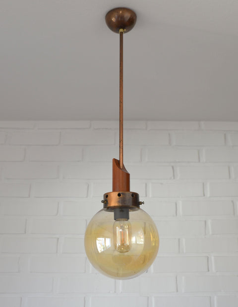 Vintage Copper Pendant Lights (Set of 2): Mid-Century Rustic Wooden Hanging Lamps