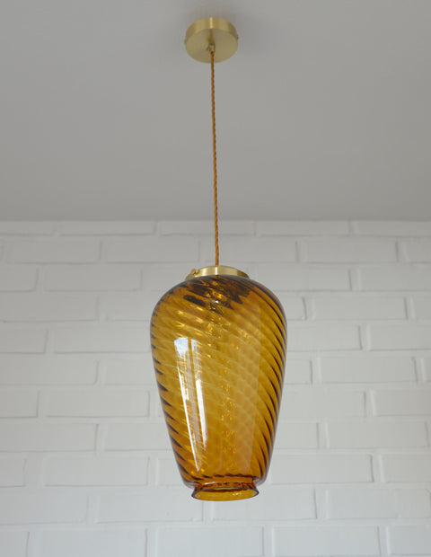 Vintage Amber Glass Pendant Lamp: Hand Blown Swirl Ceiling Light