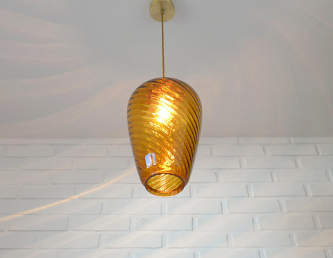 Vintage Amber Glass Pendant Lamp: Hand Blown Swirl Ceiling Light