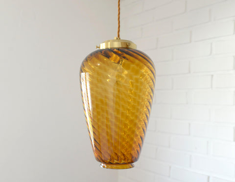 Vintage Amber Glass Pendant Lamp: Hand Blown Swirl Ceiling Light
