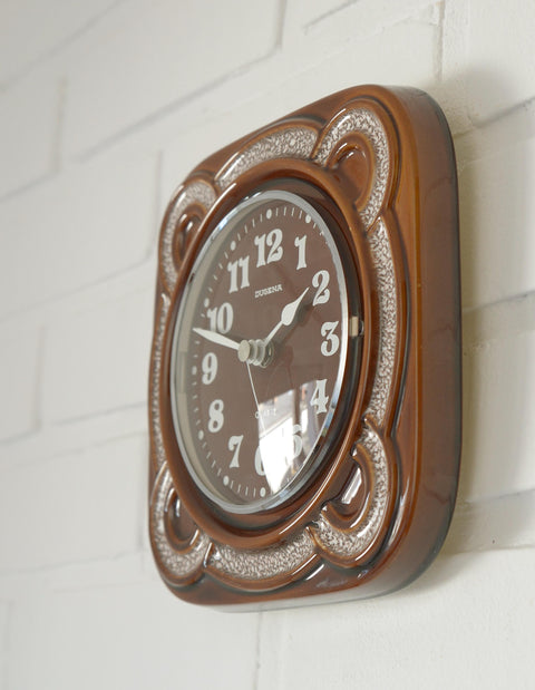 Vintage Dugena Ceramic Wall Clock: Rustic Brown Glaze, Made in Germany