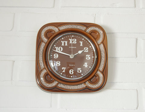 Vintage Dugena Ceramic Wall Clock: Rustic Brown Glaze, Made in Germany