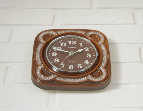 Vintage Dugena Ceramic Wall Clock: Rustic Brown Glaze, Made in Germany