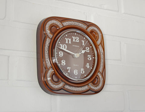 Vintage Dugena Ceramic Wall Clock: Rustic Brown Glaze, Made in Germany