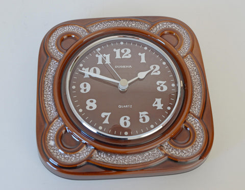 Vintage Dugena Ceramic Wall Clock: Rustic Brown Glaze, Made in Germany