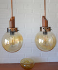 Vintage Copper Pendant Lights (Set of 2): Mid-Century Rustic Wooden Hanging Lamps