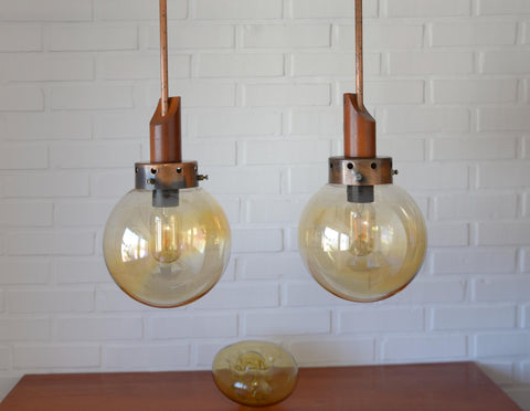 Vintage Copper Pendant Lights (Set of 2): Mid-Century Rustic Wooden Hanging Lamps