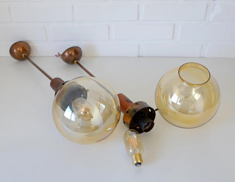 Vintage Copper Pendant Lights (Set of 2): Mid-Century Rustic Wooden Hanging Lamps