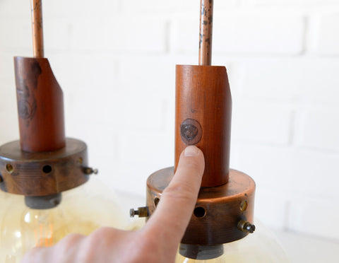 Vintage Copper Pendant Lights (Set of 2): Mid-Century Rustic Wooden Hanging Lamps