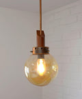 Vintage Copper Pendant Lights (Set of 2): Mid-Century Rustic Wooden Hanging Lamps