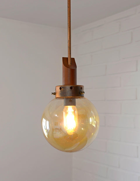 Vintage Copper Pendant Lights (Set of 2): Mid-Century Rustic Wooden Hanging Lamps