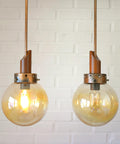 Vintage Copper Pendant Lights (Set of 2): Mid-Century Rustic Wooden Hanging Lamps