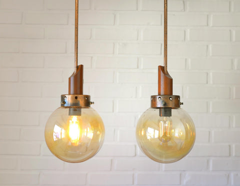 Vintage Copper Pendant Lights (Set of 2): Mid-Century Rustic Wooden Hanging Lamps