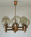 Large Vintage Wooden Chandelier: Mid Century Rustic Copper Ceiling Light