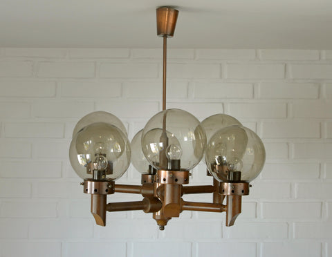 Large Vintage Wooden Chandelier: Mid Century Rustic Copper Ceiling Light