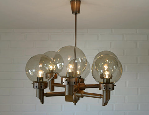 Large Vintage Wooden Chandelier: Mid Century Rustic Copper Ceiling Light