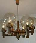 Large Vintage Wooden Chandelier: Mid Century Rustic Copper Ceiling Light