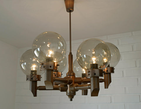 Large Vintage Wooden Chandelier: Mid Century Rustic Copper Ceiling Light