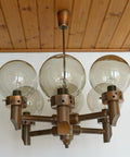 Large Vintage Wooden Chandelier: Mid Century Rustic Copper Ceiling Light