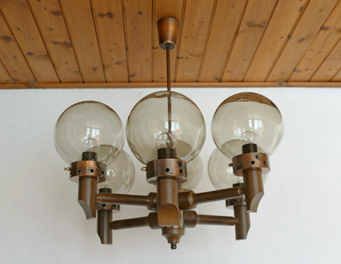 Large Vintage Wooden Chandelier: Mid Century Rustic Copper Ceiling Light