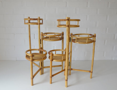 Vintage Bamboo Plant Stand Set, 1970s Boho Tiered Folding Stand