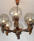 Large Vintage Wooden Chandelier: Mid Century Rustic Copper Ceiling Light
