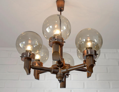 Large Vintage Wooden Chandelier: Mid Century Rustic Copper Ceiling Light