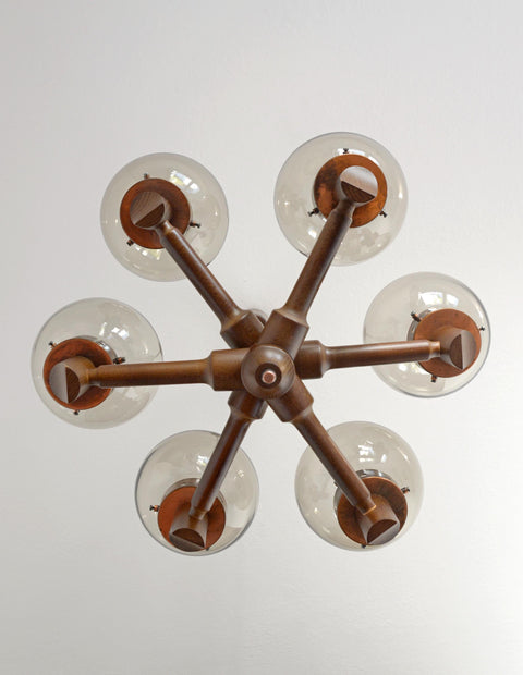 Large Vintage Wooden Chandelier: Mid Century Rustic Copper Ceiling Light