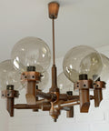 Large Vintage Wooden Chandelier: Mid Century Rustic Copper Ceiling Light