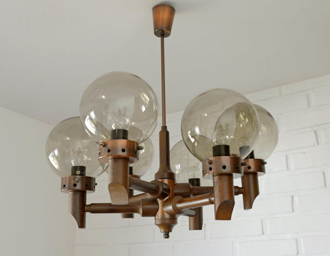 Large Vintage Wooden Chandelier: Mid Century Rustic Copper Ceiling Light