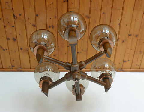 Large Vintage Wooden Chandelier: Mid Century Rustic Copper Ceiling Light