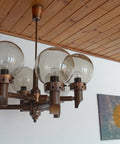 Large Vintage Wooden Chandelier: Mid Century Rustic Copper Ceiling Light