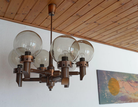 Large Vintage Wooden Chandelier: Mid Century Rustic Copper Ceiling Light