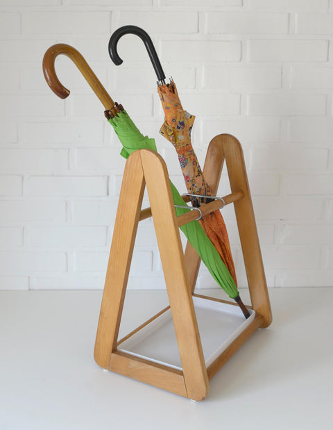 Vintage Beech Wood Umbrella Stand: Scandinavian Mid Century Modern Entryway